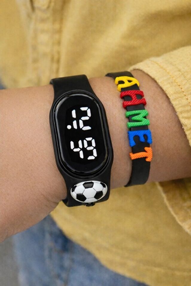 Siyah Beyaz Top Figürlü İsimli Bileklikli Dokunmatik Led Çocuk Kol Saati
