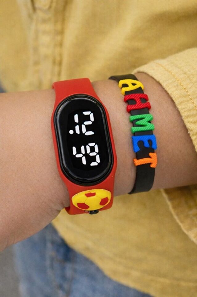 Sarı Kırmızı Top Figürlü İsimli Bileklikli Dokunmatik Led Çocuk Kol Saati