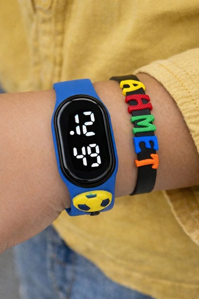 Sarı Lacivert Top Figürlü İsimli Bileklikli Dokunmatik Led Çocuk Kol Saati