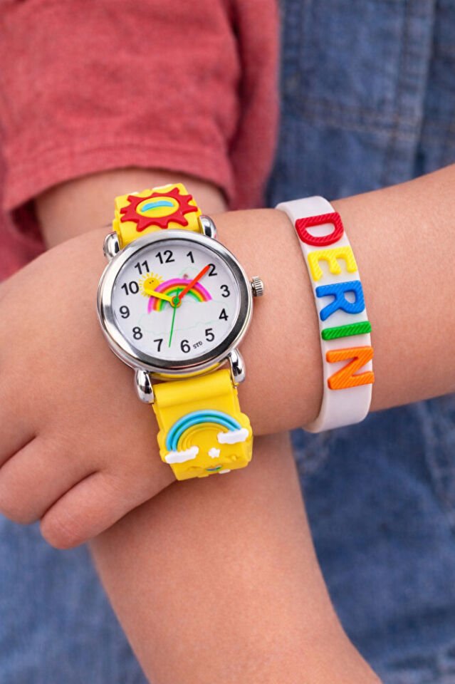 Sarı Renk Gökkuşağı Figürlü İsimli Bileklikli Şirin Hediyelik Çocuk Kol Saati