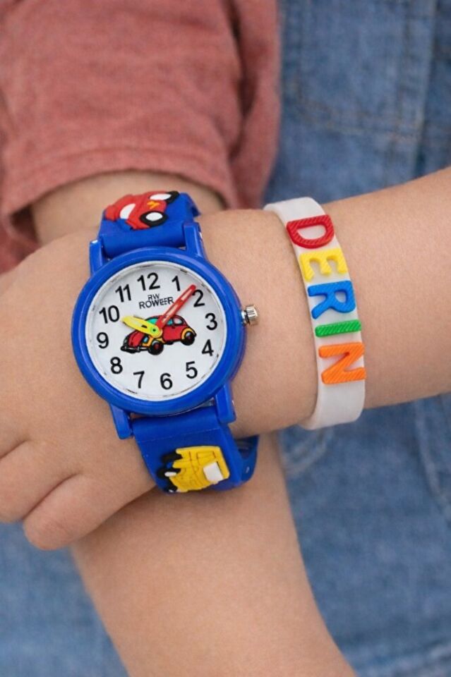 Mavi Renk Araba Figürlü İsimli Bileklikli Şirin Hediyelik Unisex Çocuk Kol Saati