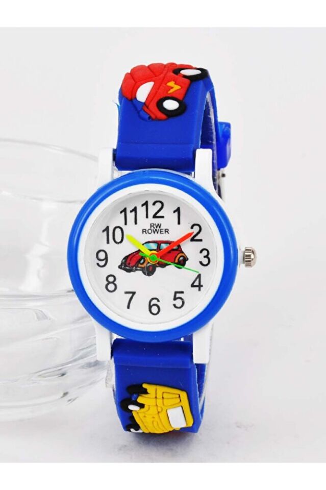 Mavi Renk Araba Figürlü İsimli Bileklikli Şirin Hediyelik Unisex Çocuk Kol Saati