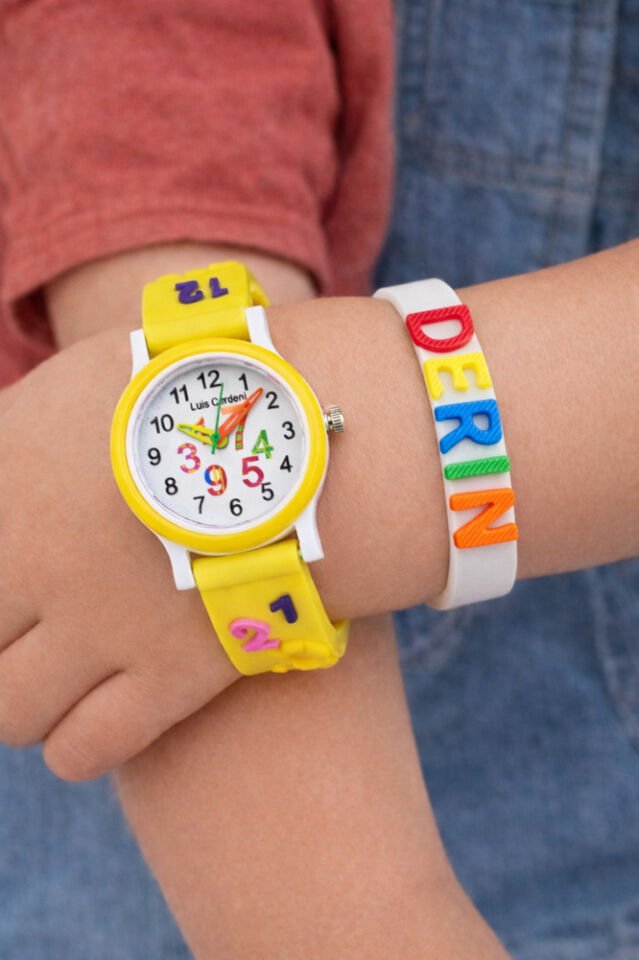 Sarı Renk Rakam Figürlü İsme Özel Bileklikli Eğitici Çocuk Kol Saati
