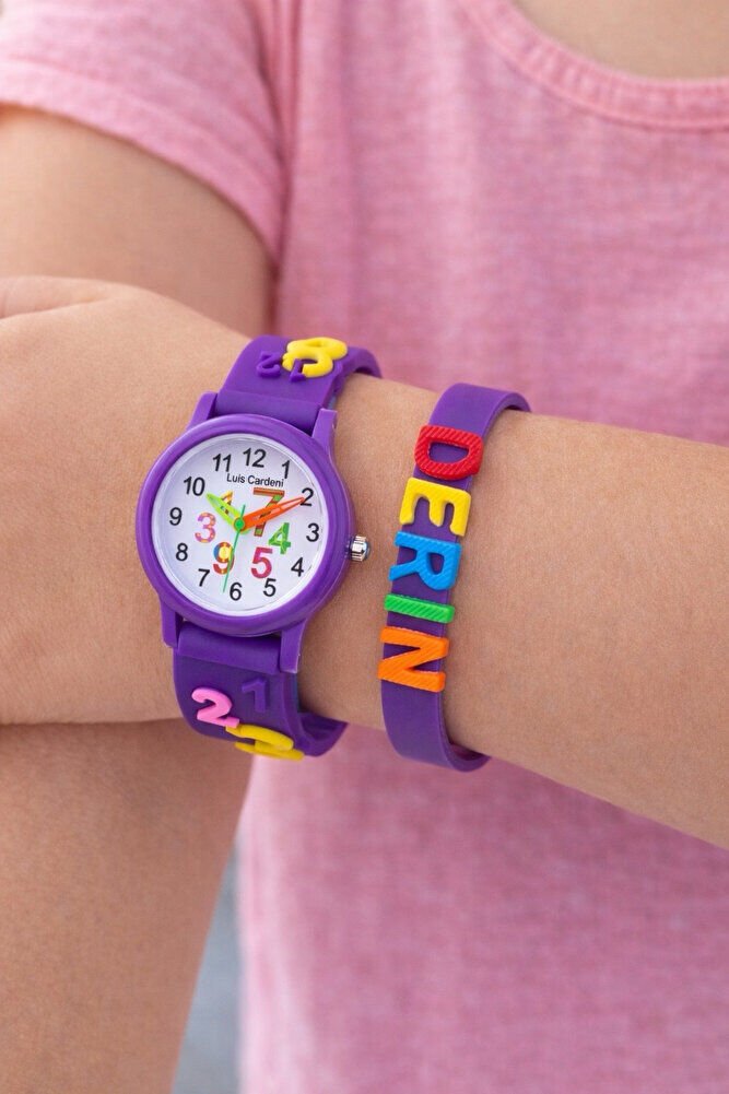 Mor Renk Rakam Figürlü İsme Özel Bileklikli Şirin Tasarım Eğitici Çocuk Kol Saati