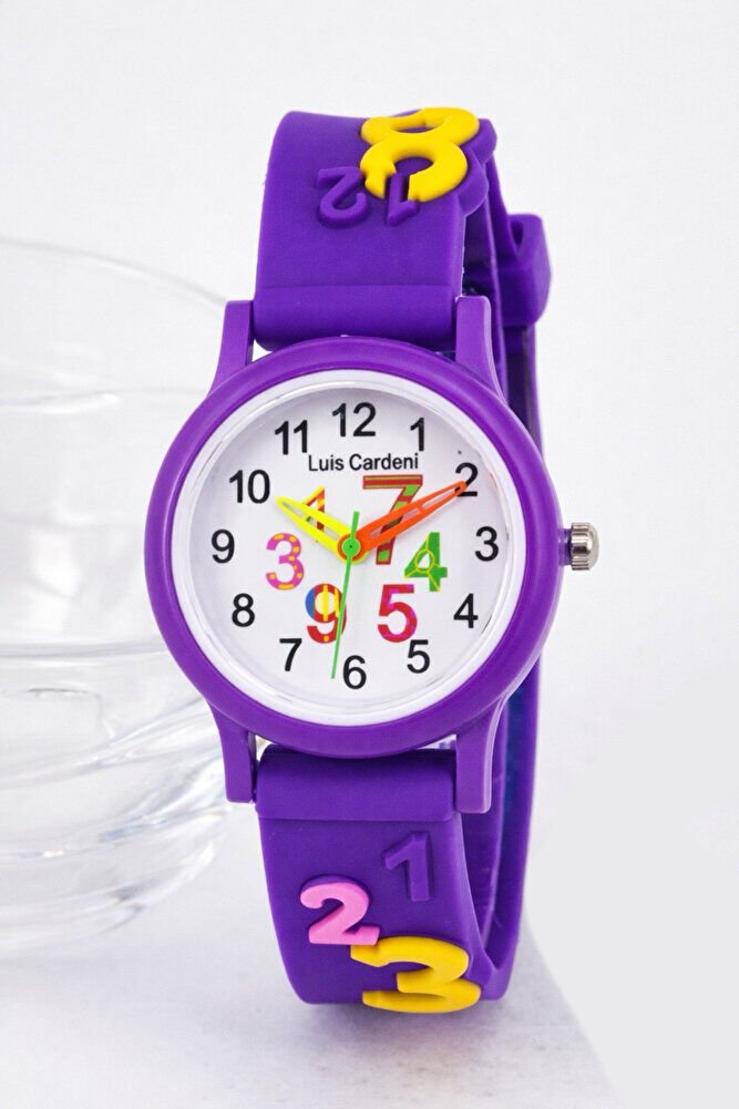 Mor Renk Rakam Figürlü İsme Özel Bileklikli Şirin Tasarım Eğitici Çocuk Kol Saati