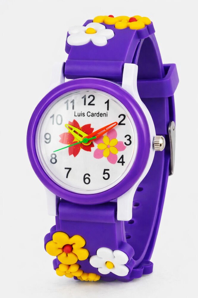 Mor Renk Çiçekli Kız Kol Saati İsme Özel Mor Bileklikli Şirin Tasarımlı Hediyelik