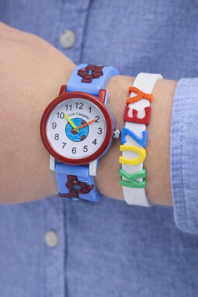 Bordo Mavi Kişiye Özel İsimli Çocuk Kol Saati ve Bileklik Seti Renkli Erkek Kız Çocuk Saat Hediyelik