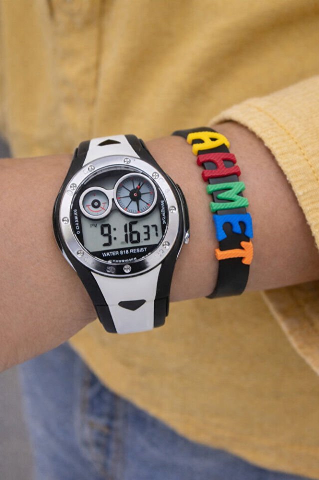 Çocuk Dijital Analog Kol Saati Siyah Beyaz Silikon İsimli Bileklik Erkek Kız Çocuk Saat Seti