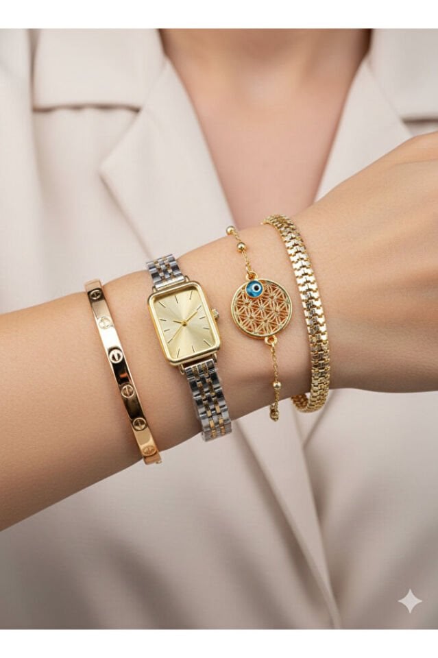 3 Adet Bileklikli Genç Kız Kadın Gold Metal Kordon Şık Zarif Analog Günlük Klasik Kol Saati Modeli