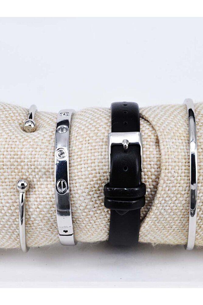 Gümüş Renk Kasa Takvimli 3 Adet Bileklikli Genç Kız Kadın Deri Kordon Kol Saati