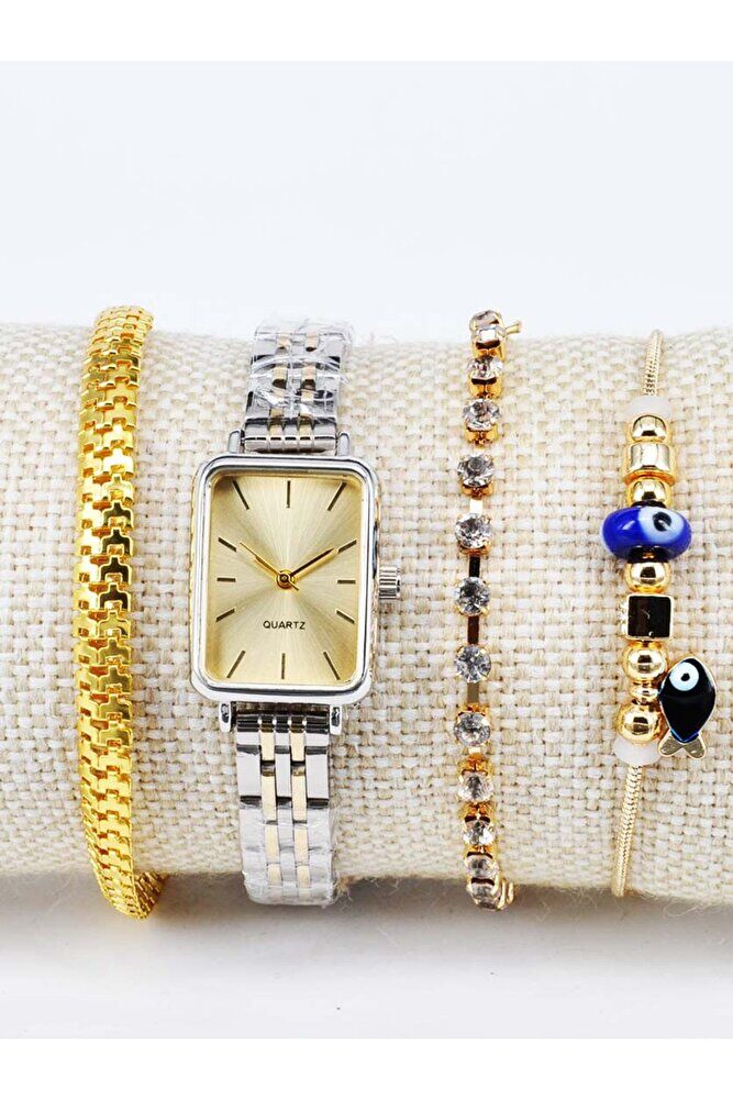 Gümüş Altın Renk Kordon 3 Adet Bileklikli Şık Zarif Genç Kız Kadın Analog Kol Saati