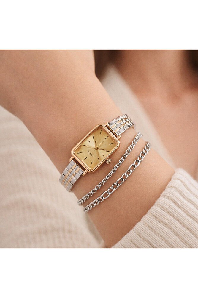 Gümüş Altın Renk Kordon 2 Adet Bileklikli Genç Kız Şık Zarif Analog Kadın Kol Saati