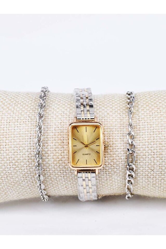 Gümüş Altın Renk Kordon 2 Adet Bileklikli Genç Kız Şık Zarif Analog Kadın Kol Saati