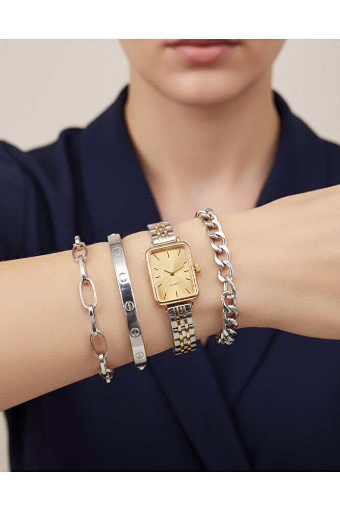 Gümüş Altın Renk Kordon Altın Renk Kadran 3 Adet Bileklikli Genç Kız Kadın Zarif Şık Kol Saati
