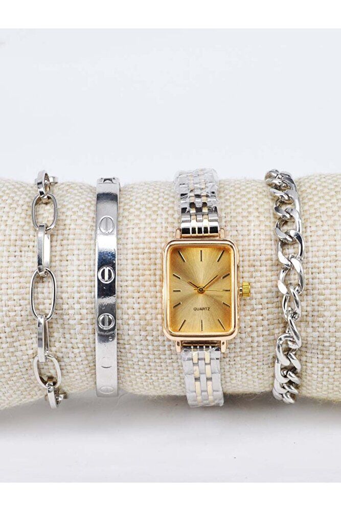 Gümüş Altın Renk Kordon Altın Renk Kadran 3 Adet Bileklikli Genç Kız Kadın Zarif Şık Kol Saati
