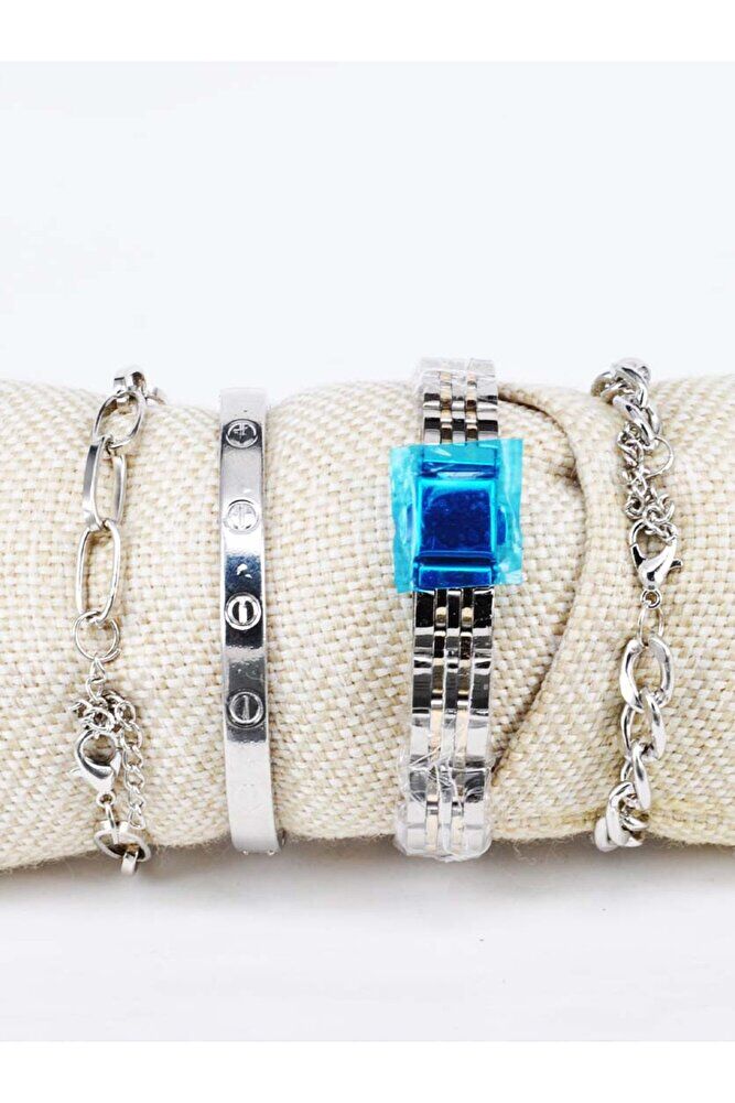 Gümüş Altın Renk Kordon Altın Renk Kadran 3 Adet Bileklikli Genç Kız Kadın Zarif Şık Kol Saati