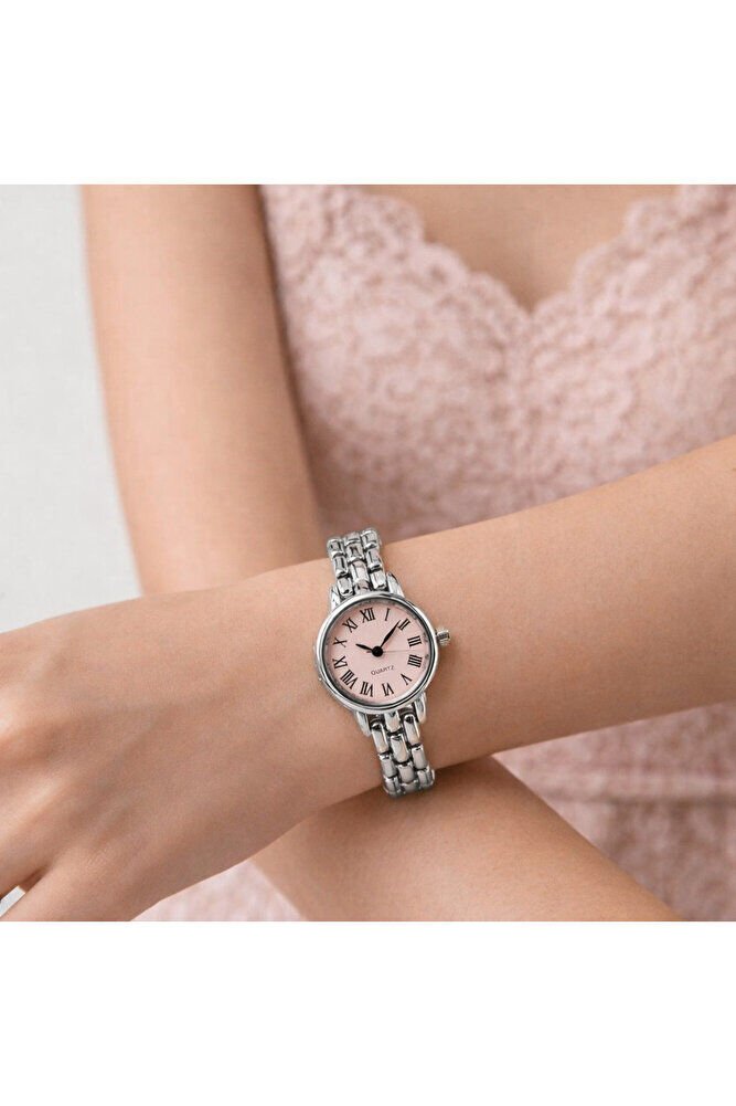 Gümüş Renk Kordon Pembe Kadran Genç Kız Kadın Şık Zarif Analog Kol Saati