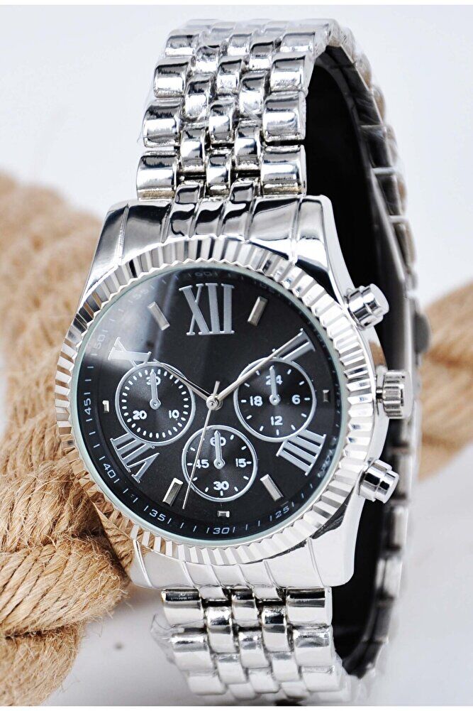 Gümüş Renk Siyah Kordon Roma Rakamlı Şık Sade Yeni Sezon Unisex Quartz Kol Saati