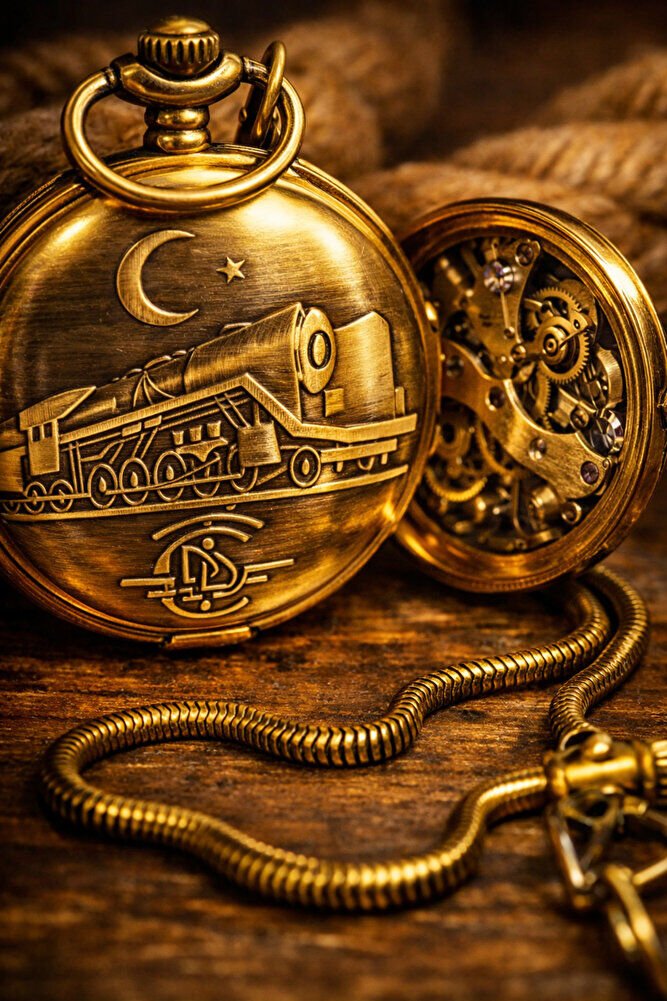 Gümüş Renk Tren Kabartmalı Köstekli Cep Saati SU-1270