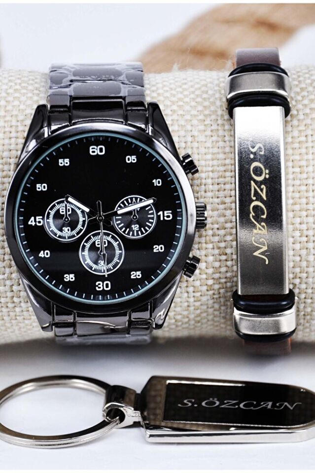 Yetişkin Erkek Kol Saati Siyah Metal İsme Özel Bileklik ve Anahtarlıklı Klasik Analog Saat Modeli