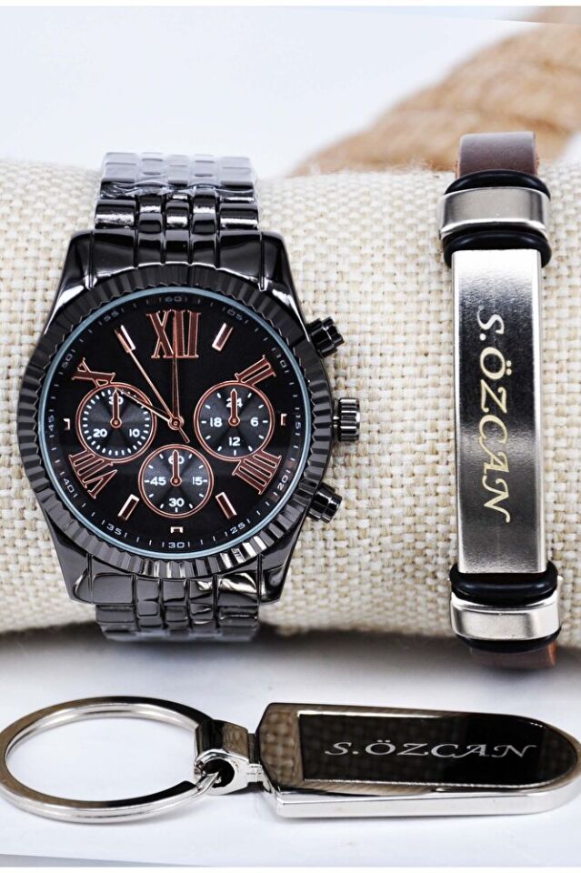Siyah Metal Kordon Roma Rakamlı İsimli Bileklikli Anahtarlıklı Erkek Klasik Analog Saat Modeli