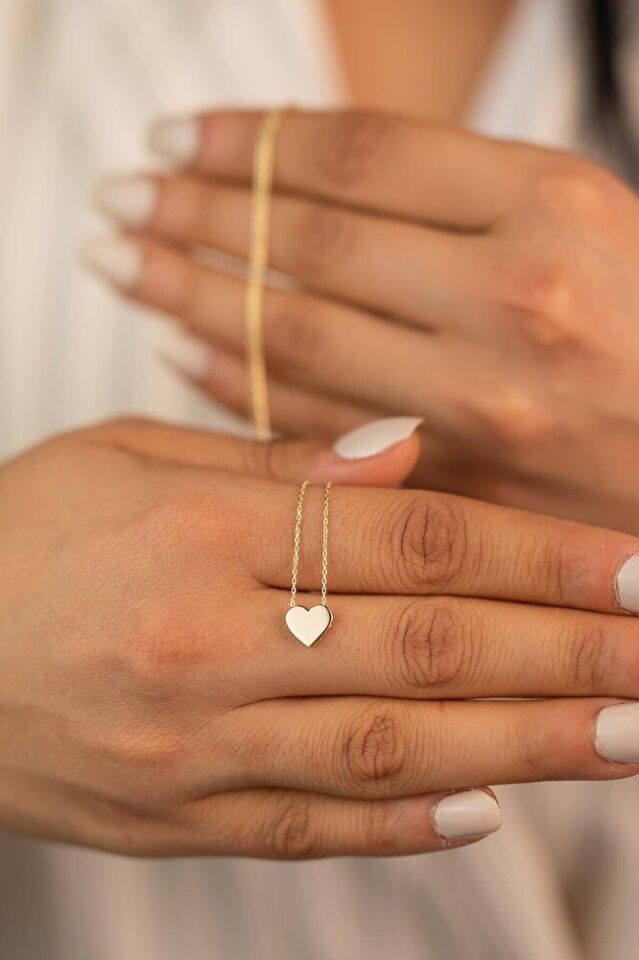 Altın Renk Taşsız Minimal Kalp Kolye Zarif Şık Günlük Hediye Takı