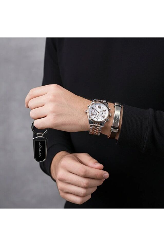 Gümüş Bakır Renk İsimli Kahverengi Bileklikli İsimli Anahtarlıklı Erkek Quartz Şık Hediye Saat Seti