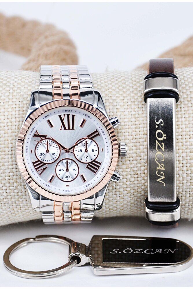 Gümüş Bakır Renk İsimli Kahverengi Bileklikli İsimli Anahtarlıklı Erkek Quartz Şık Hediye Saat Seti