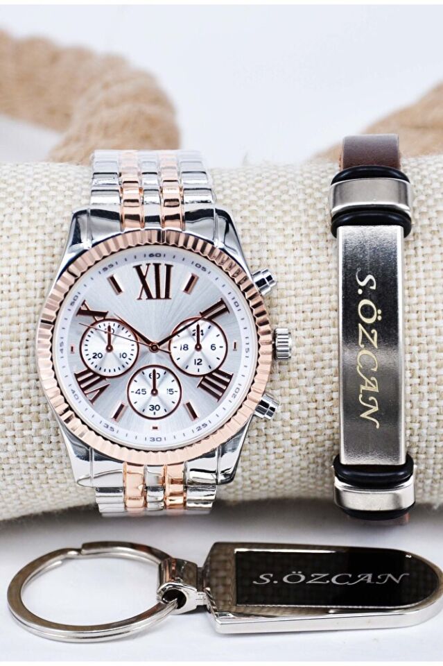 Gümüş Bakır Renk İsimli Kahverengi Bileklikli İsimli Anahtarlıklı Erkek Quartz Şık Hediye Saat Seti