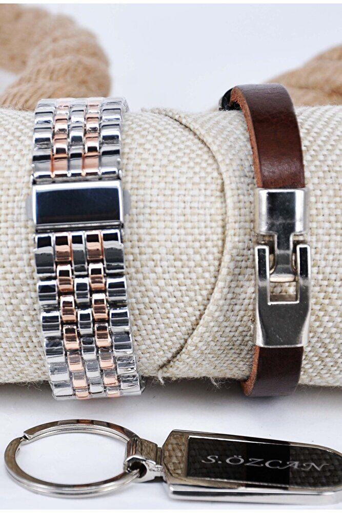 Gümüş Bakır Renk İsimli Kahverengi Bileklikli İsimli Anahtarlıklı Erkek Quartz Şık Hediye Saat Seti