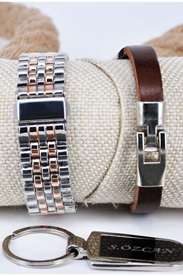 Gümüş Bakır Renk İsimli Kahverengi Bileklikli İsimli Anahtarlıklı Erkek Quartz Şık Hediye Saat Seti