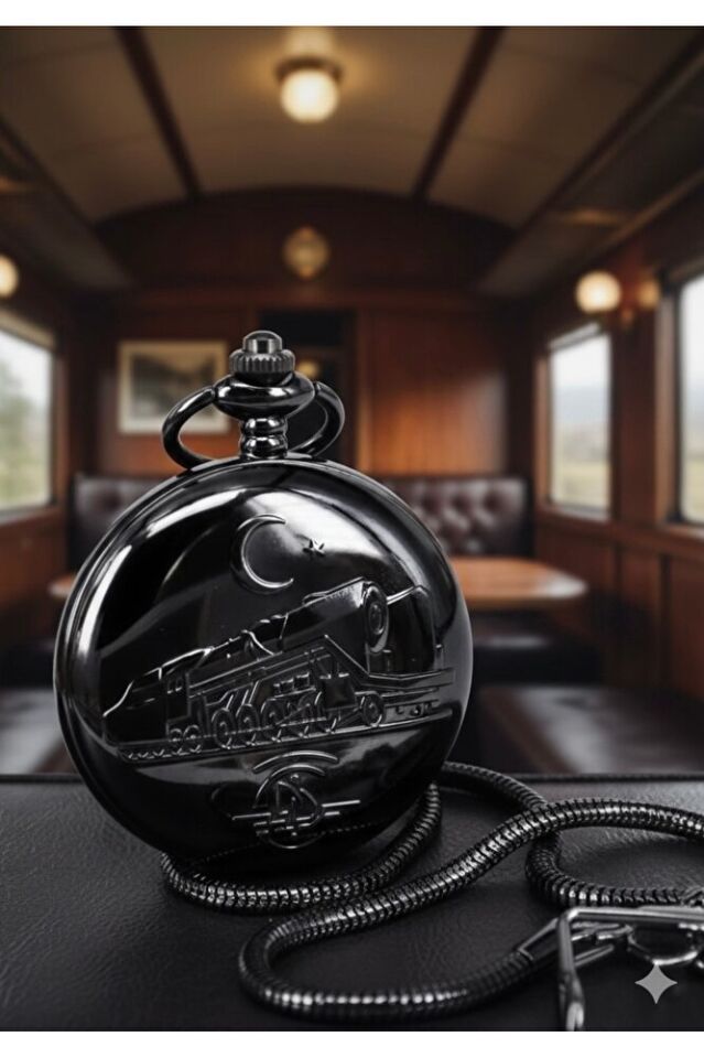 Kişiye Özel Kişiselleştirilebilir Nostaljik Tren Kabartmalı Zincirli Köstekli Erkek Cep Saati