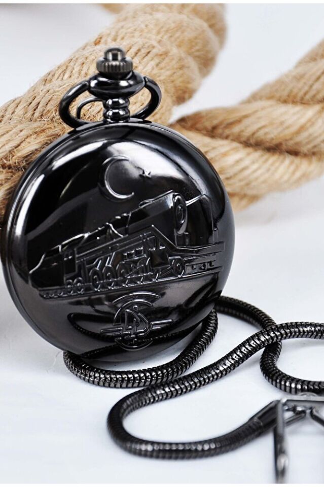 Kişiye Özel Kişiselleştirilebilir Nostaljik Tren Kabartmalı Zincirli Köstekli Erkek Cep Saati