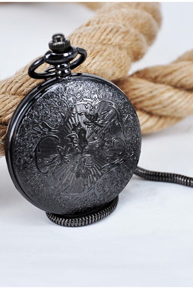 Kişiye Özel Kişiselleştirilebilir Nostaljik Tren Kabartmalı Zincirli Köstekli Erkek Cep Saati