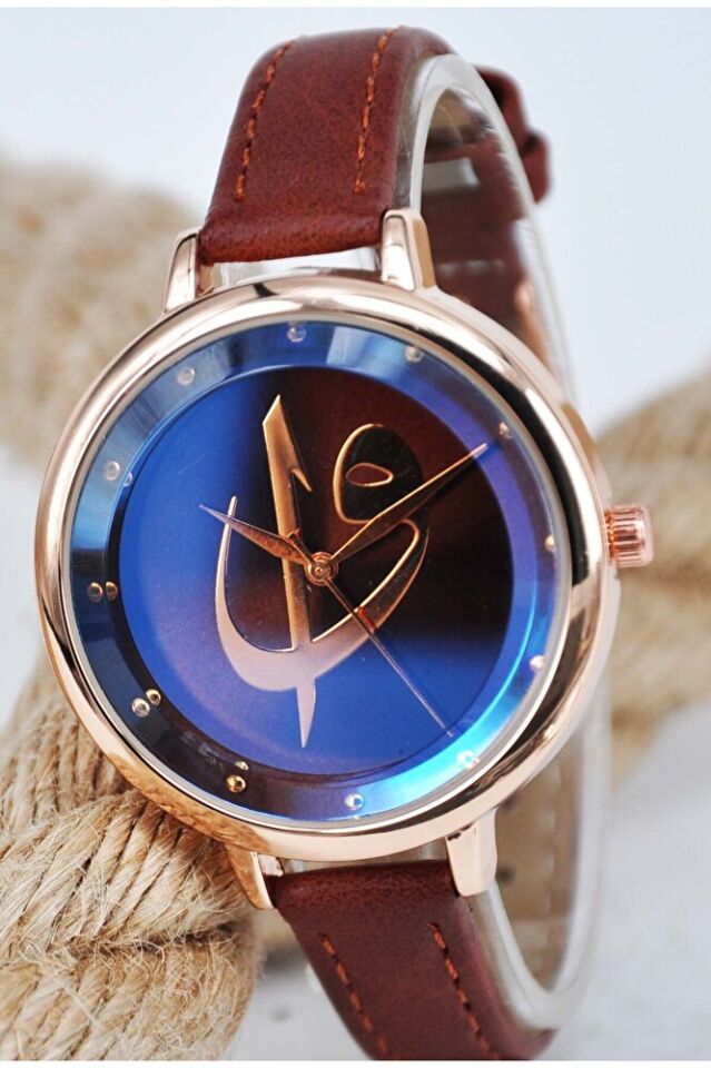 Kahverengi Deri Kordonlu Vav Harfli Şık Genç Kız Kadın Kol Saati