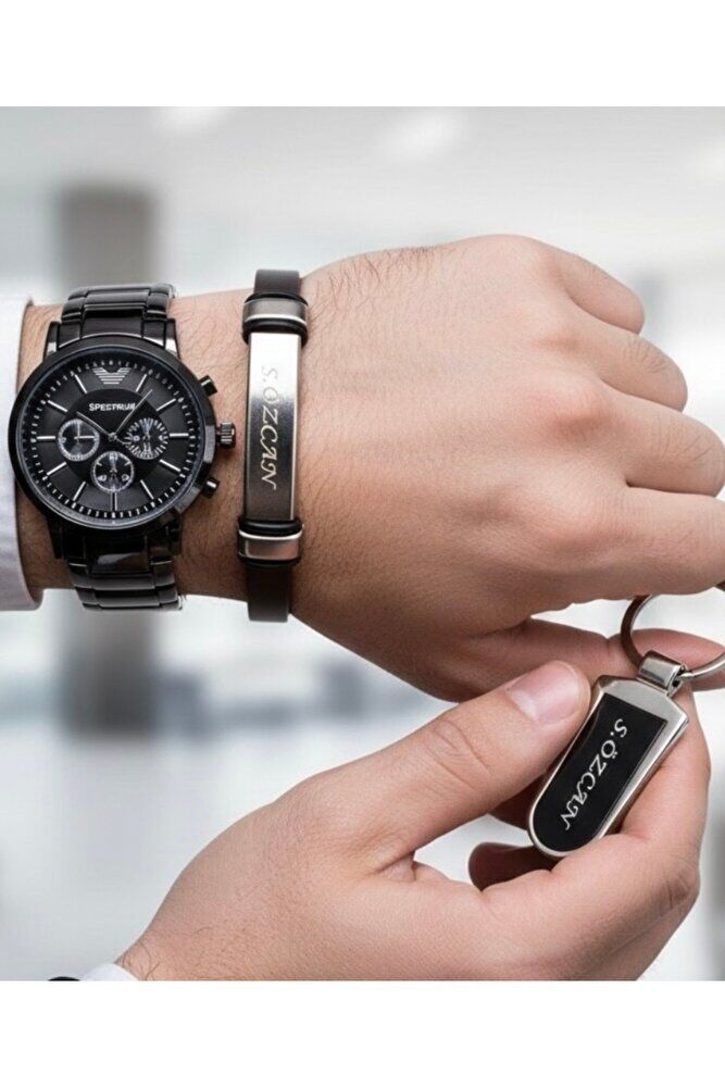 Siyah Renk İsme Özel Bileklikli Anahtarlıklı Hediyelik Metal Kordon Yetişkin Erkek Kol Saati