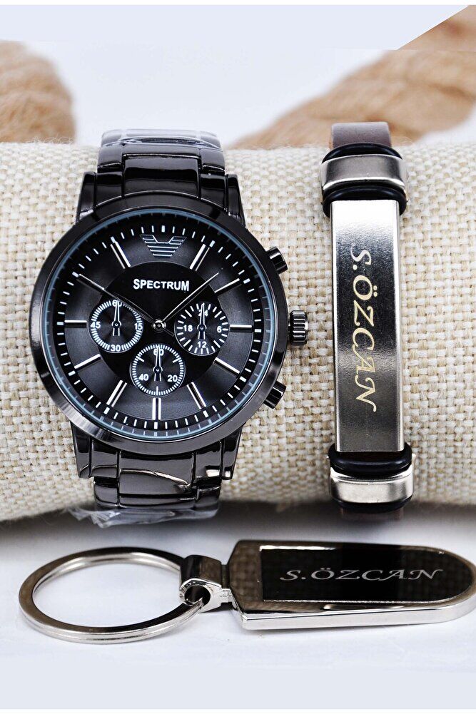 Siyah Renk İsme Özel Bileklikli Anahtarlıklı Hediyelik Metal Kordon Yetişkin Erkek Kol Saati