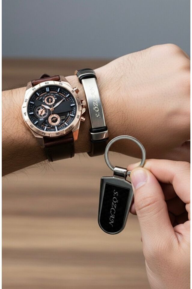 Erkek Kol Saati Deri Kordon Bileklik ve Anahtarlık Seti Quartz Şık Klasik Hediye Saat Set Modeli