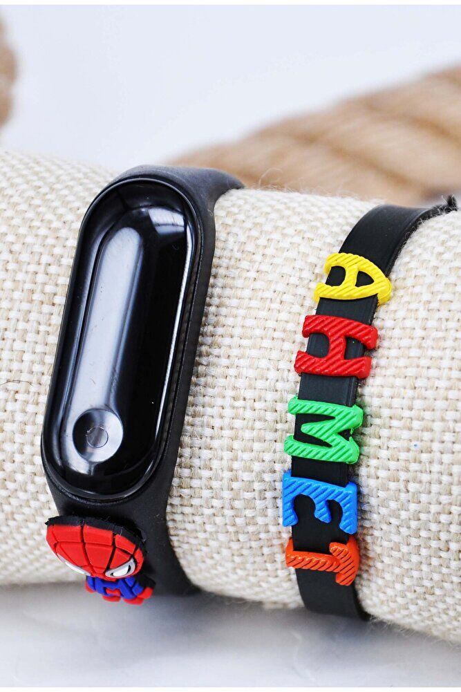 Örümcek Figürlü İsimli Bileklikli Siyah Renk Led Dokunmatik 4-10 Yaş Çocuk Kol Saati
