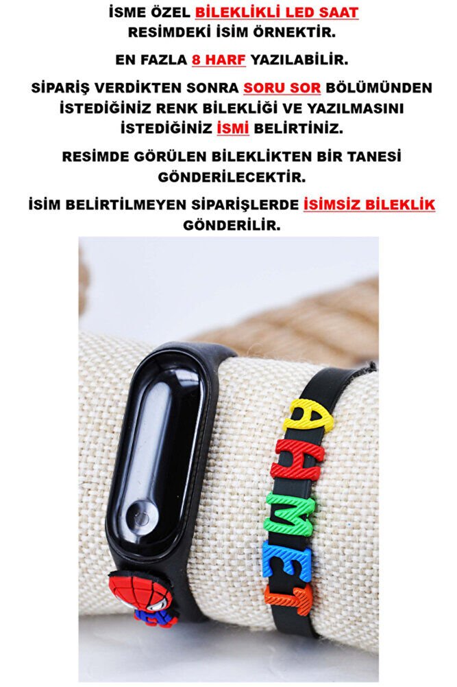 Örümcek Figürlü İsimli Bileklikli Siyah Renk Led Dokunmatik 4-10 Yaş Çocuk Kol Saati
