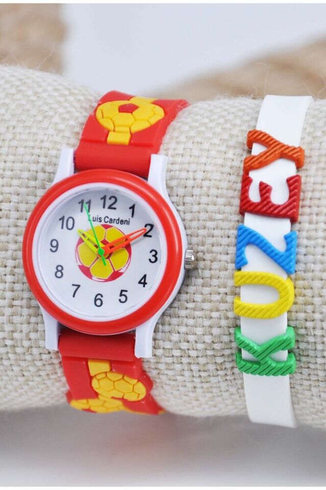 Sarı Kırmızı Futbol Toplu Silikon Kordonlu İsimli Bileklikli 3-8 Yaş Çocuk Kol Saati