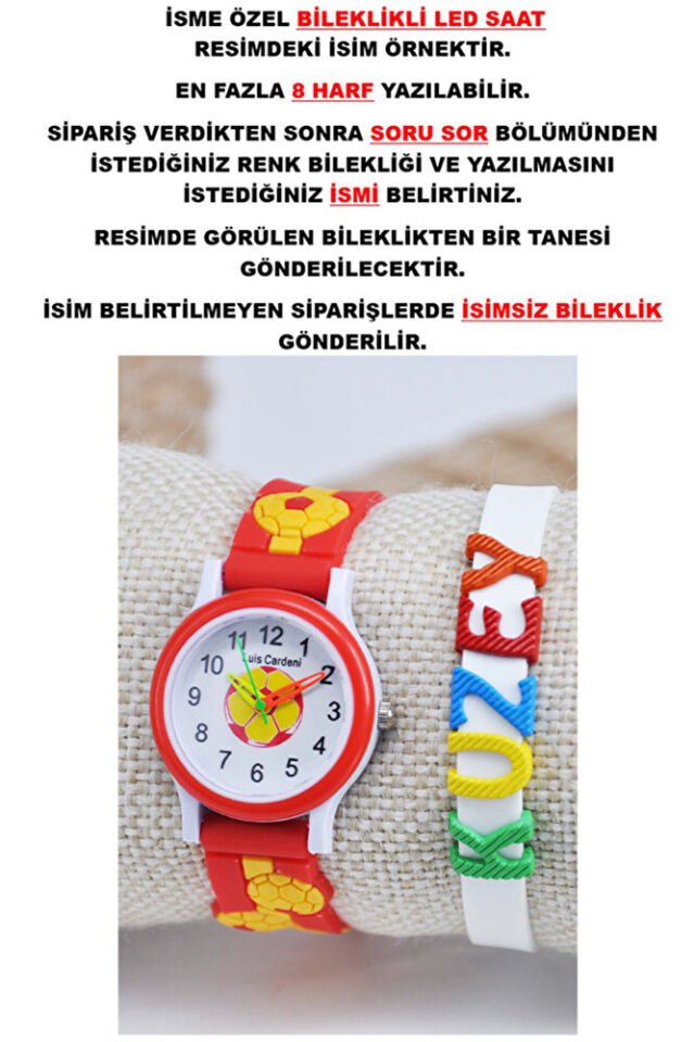 Sarı Kırmızı Futbol Toplu Silikon Kordonlu İsimli Bileklikli 3-8 Yaş Çocuk Kol Saati
