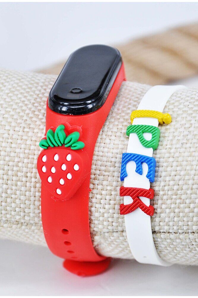 Çilek Figürlü İsimli Bileklikli Kırmızı Renk Led Dokunmatik 4-10 Yaş Çocuk Kol Saati