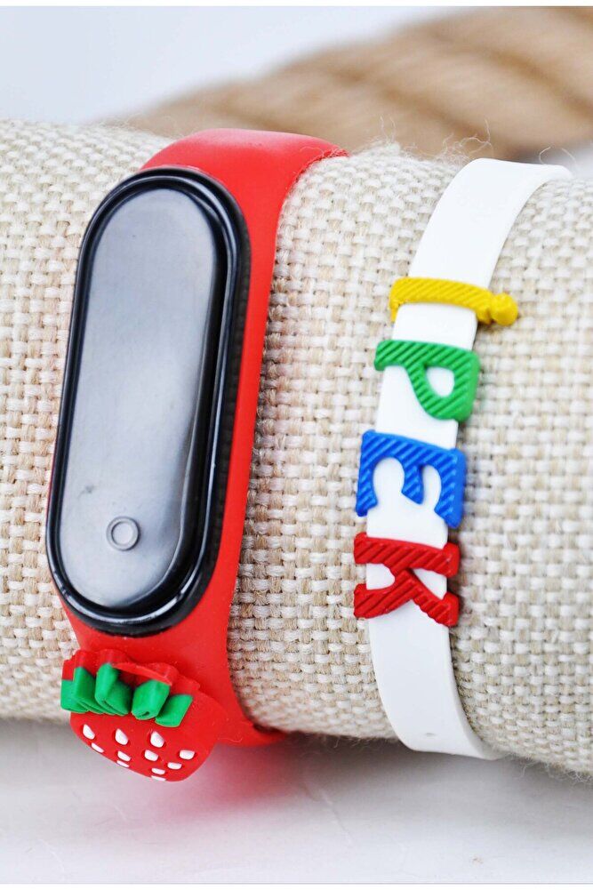Çilek Figürlü İsimli Bileklikli Kırmızı Renk Led Dokunmatik 4-10 Yaş Çocuk Kol Saati