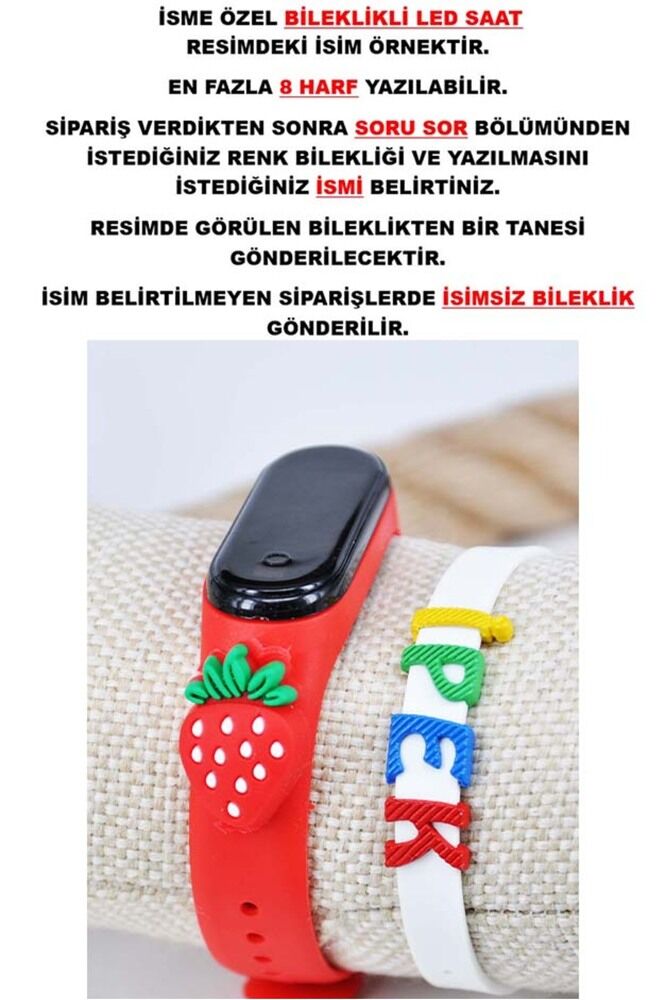 Çilek Figürlü İsimli Bileklikli Kırmızı Renk Led Dokunmatik 4-10 Yaş Çocuk Kol Saati