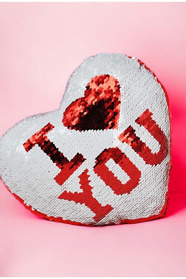 Sevgililer Günü Hediyesi Pullu Sihirli Payetli Çift Yön I Love You Kalpli Yastık 25x20 Cm(Orta Boy)
