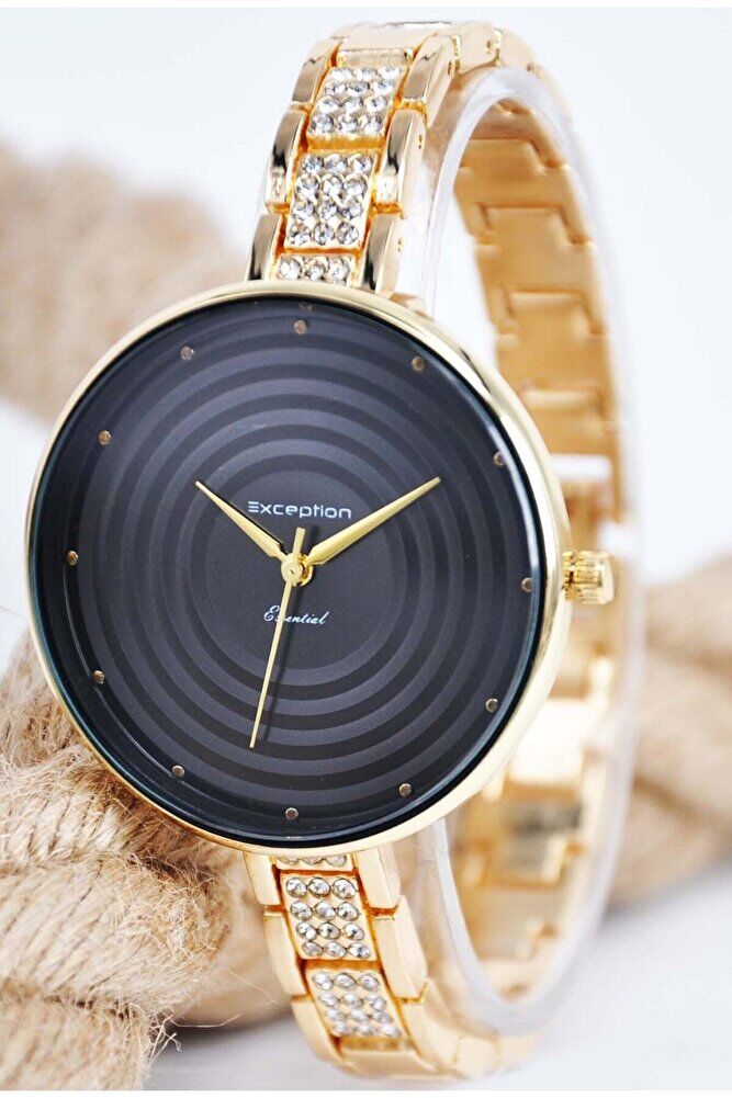 Gold Renk Zirkon Taşlı Kordonlu Siyah Kadran Şık Tasarım Genç Kız Kadın Kol Saati