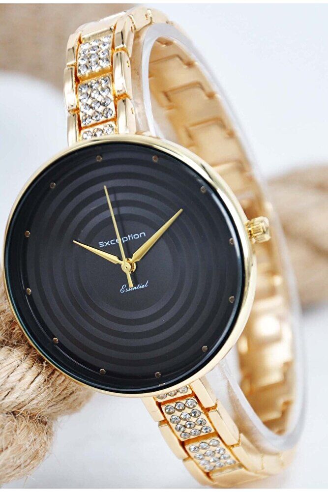 Gold Renk Zirkon Taşlı Kordonlu Siyah Kadran Şık Tasarım Genç Kız Kadın Kol Saati