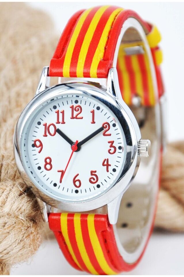 Sarı Kırmızı Deri Kordonlu Analog Rakamlı Çocuk Kol Saati STA-057