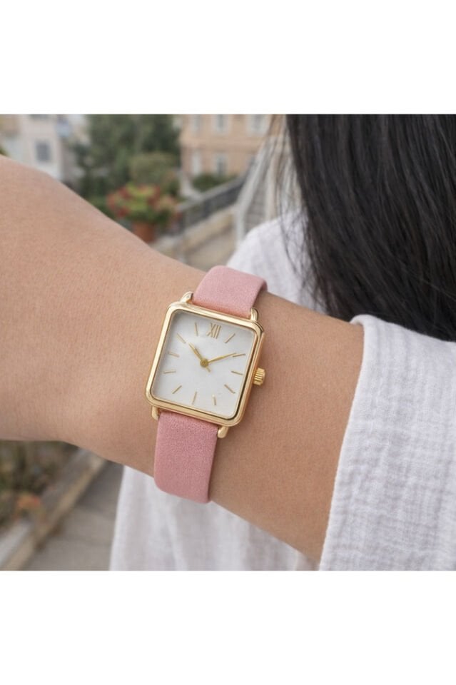 Altın Renk Kare Kasa Pembe Deri Kordonlu Şık Sade Kadın Kol Saati STA-064